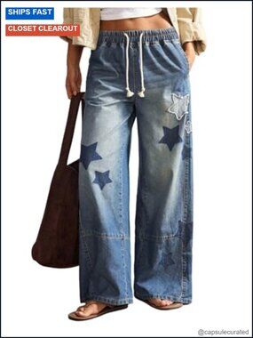 SOLY HUX Women's Y2k Baggy Jeans Star Graphic Denim Pants Drawstring Wide Leg